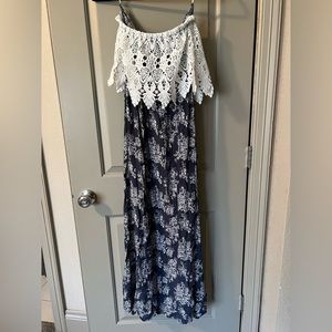 Strapless Maxi navy and white Embroidered dress, size L